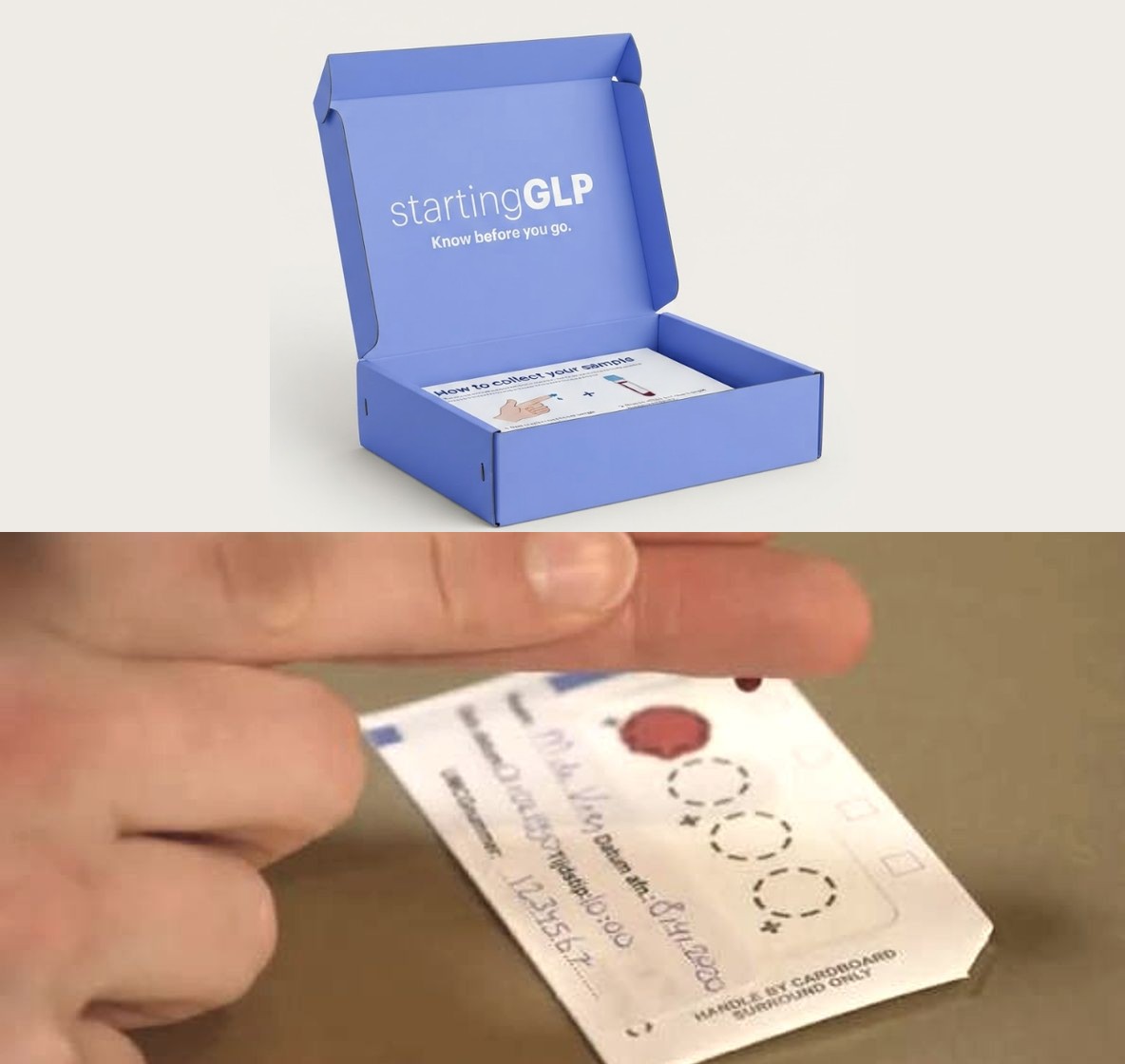 The startingGLP kit box above a blood sample collection card with a drop of blood