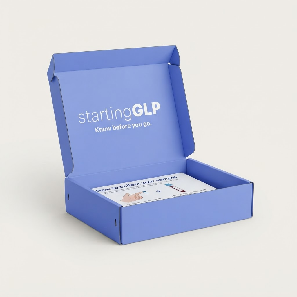 The startingGLP at-home finger-prick blood test kit box and its contents