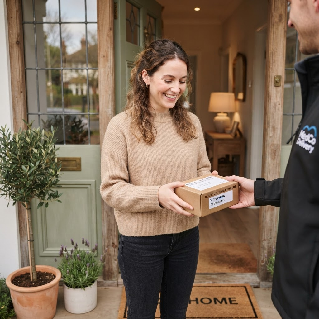 A person receiving a discreet pharmacy delivery at home