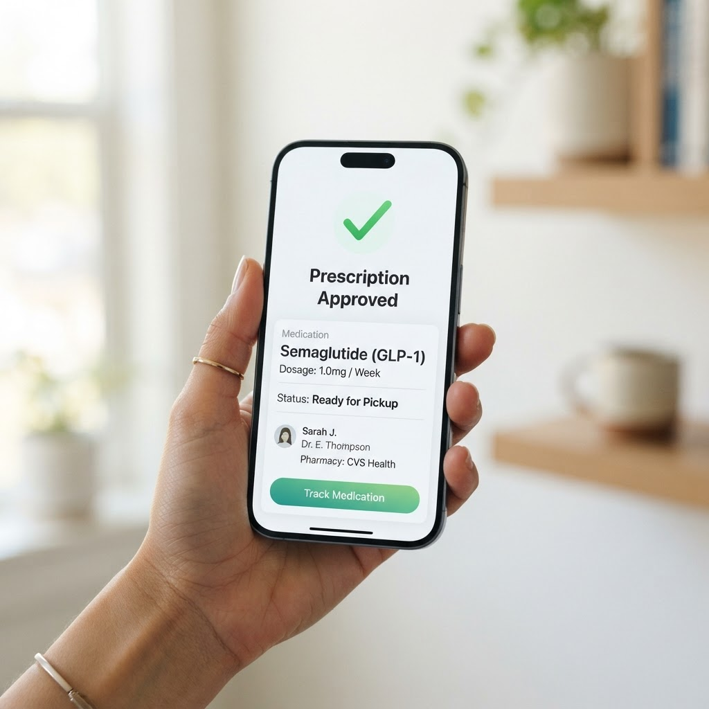 A smartphone showing a digital prescription approval for a GLP-1 medication
