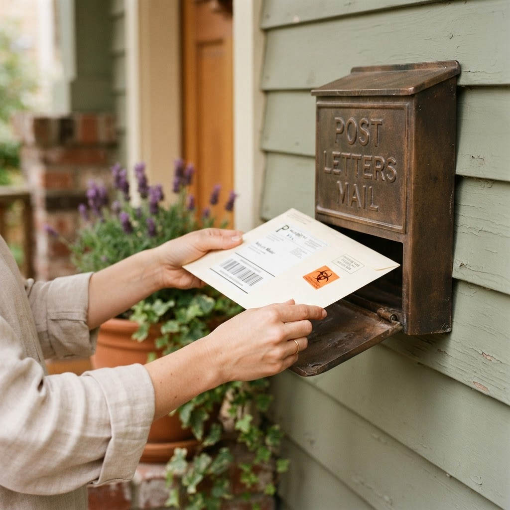 Hands placing a prepaid return mailer envelope into a mailbox