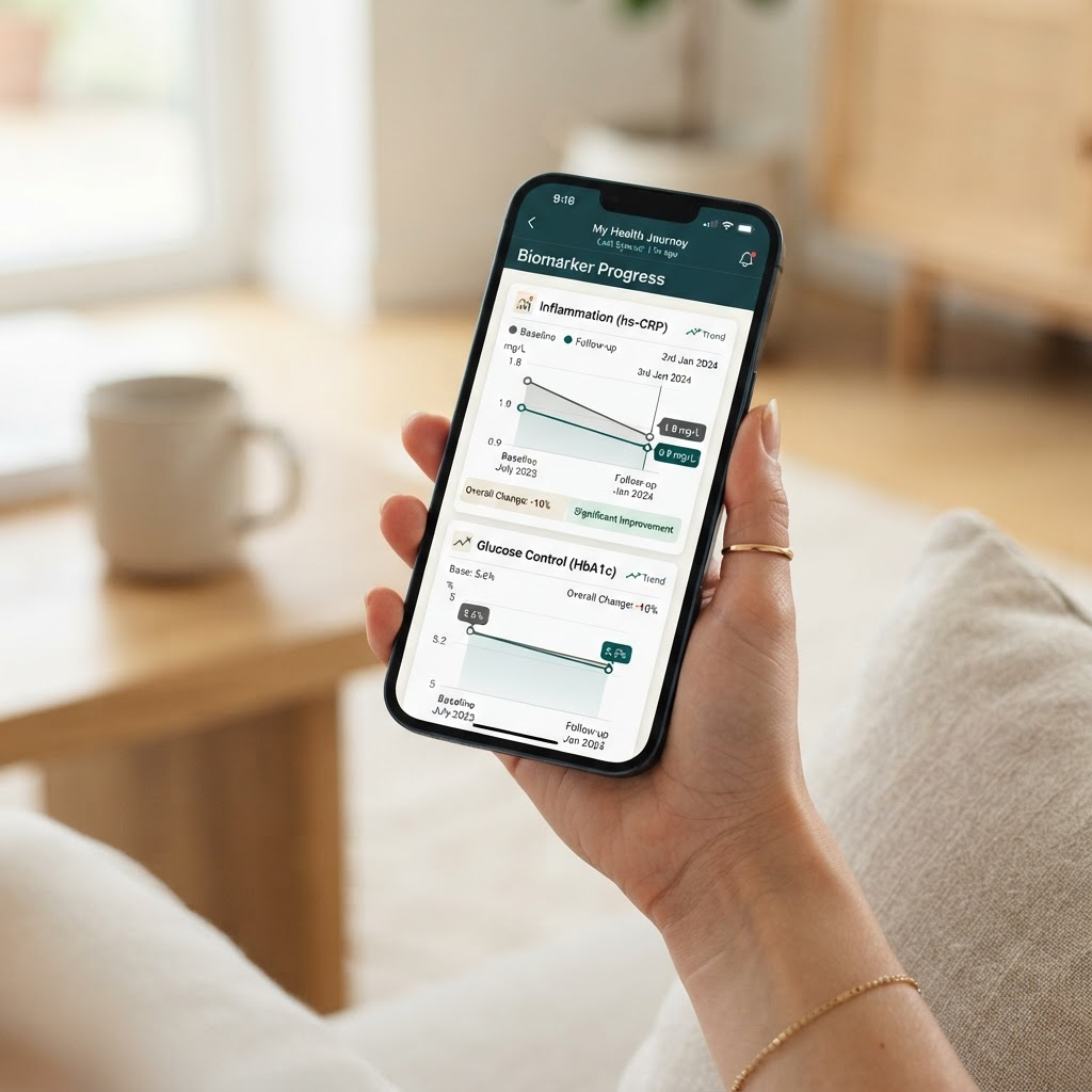 A smartphone showing a health progress dashboard comparing baseline and follow-up results